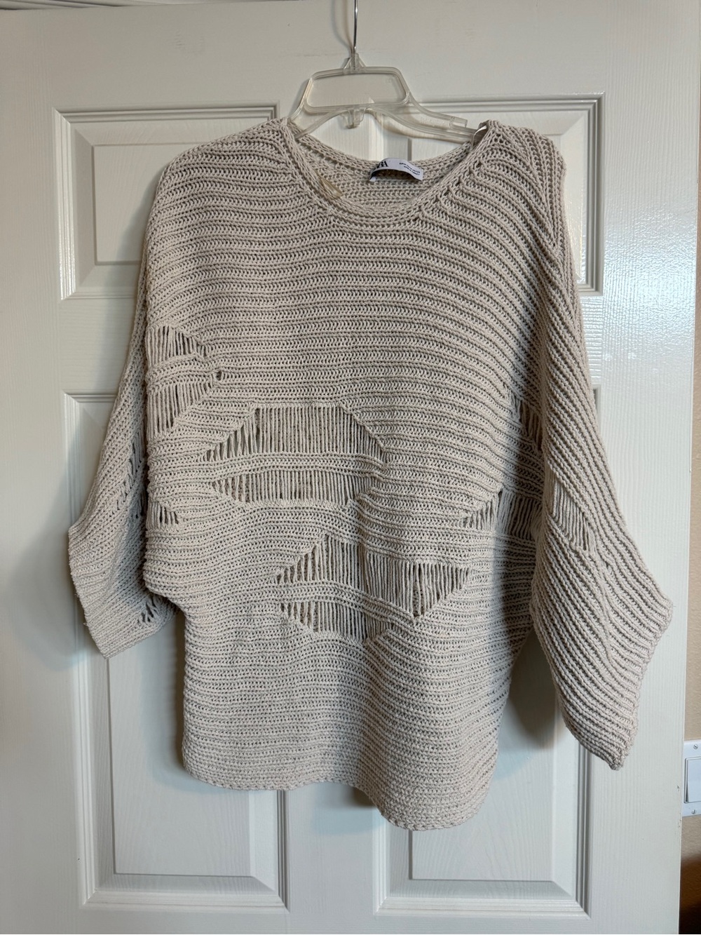 Zara Open-Knit Crewneck Distressed Sweater Beige Sz M
